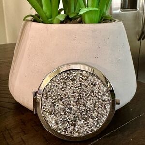 Silver Rhinestone Compact Mirror With Gift Pouch